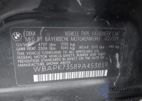 2009 BMW 328I xDrive z USA, uszkodzony, nr VIN WBAPK73589A453859